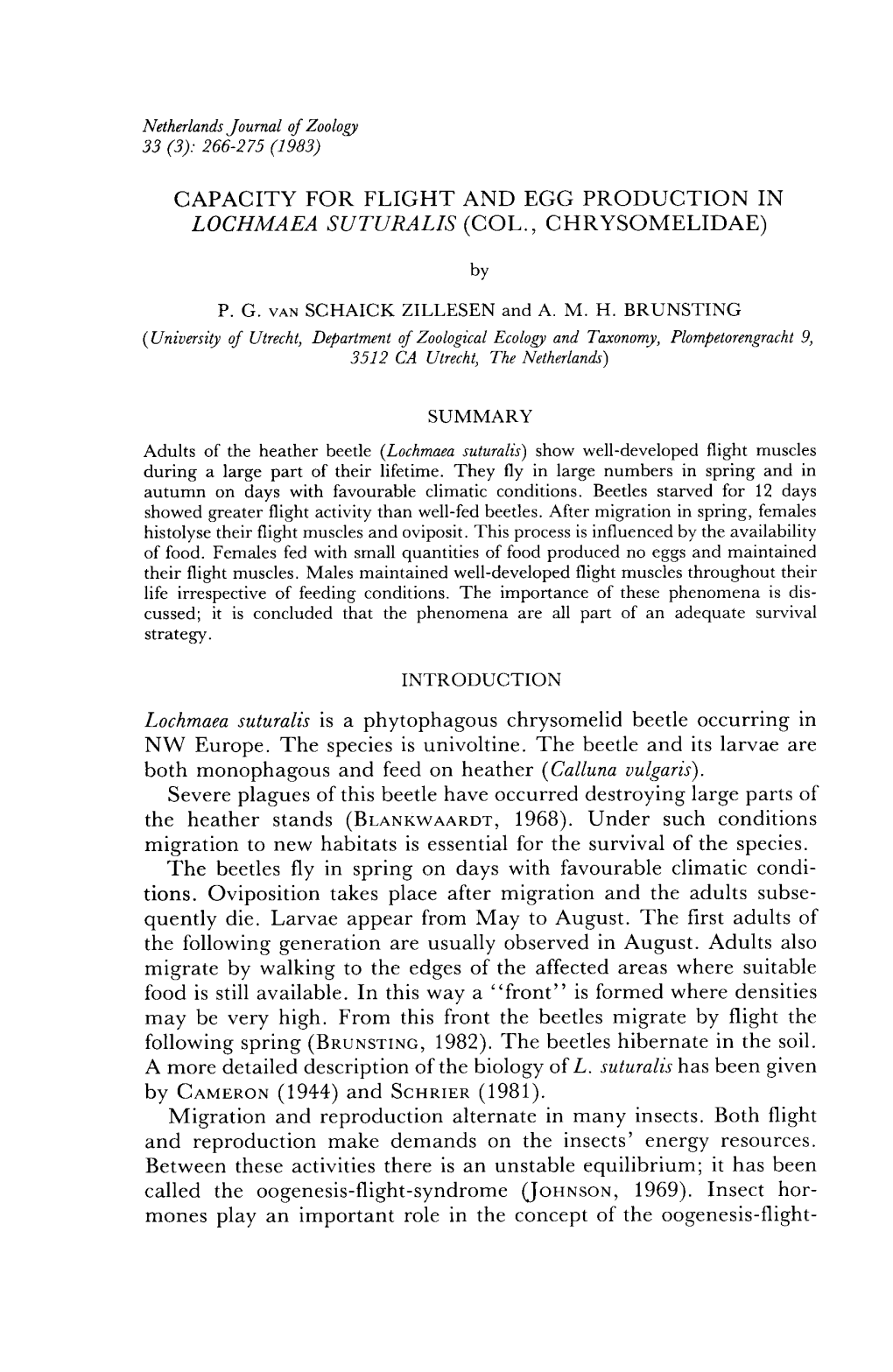 Capacity for Flight and Egg Production in Lochmaea Suturalis (Col., Chrysomelidae)