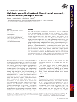 Acari, Mesostigmata): Community Composition on Spitsbergen, Svalbard Dariusz J