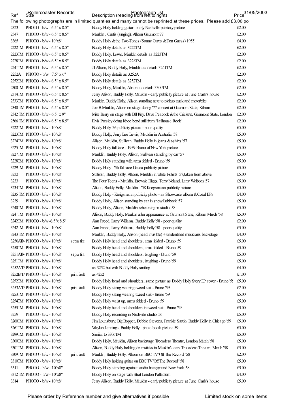 Rollercoaster Records Photograph List 31/05/2003 Please Order By