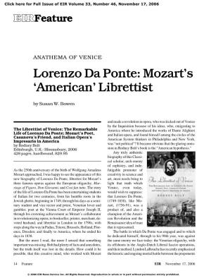 Anathema of Venice: Lorenzo Da Ponte, Mozart's