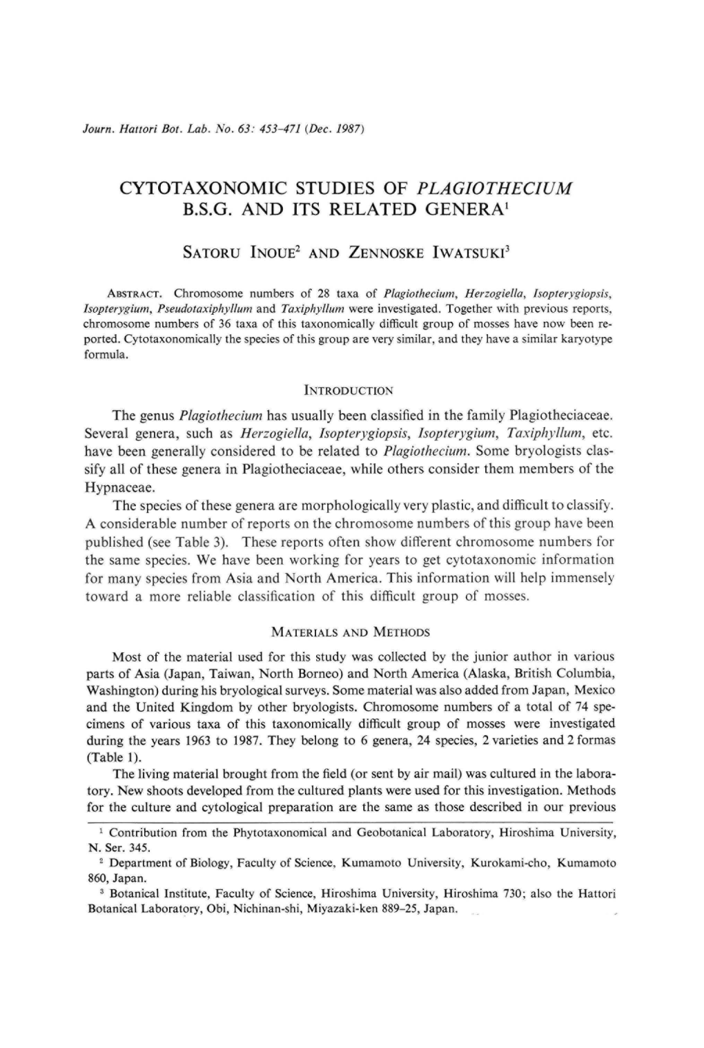 CYTOTAXONOMIC STUDIES of PLAGIOTHECIUM B.S.G. and ITS RELATED General