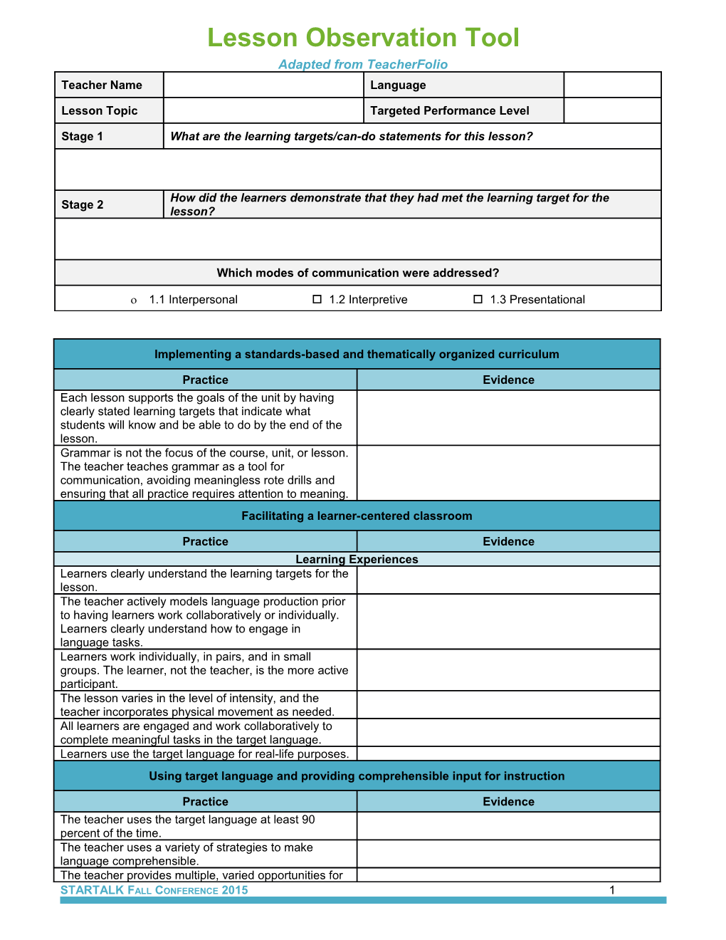 STARTALK Language 101 and 102 Observation Tool