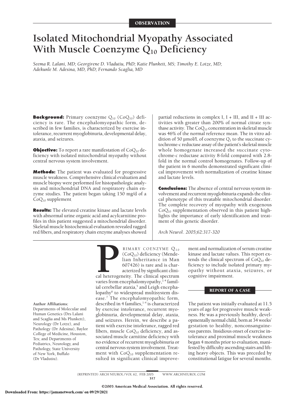 Isolated Mitochondrial Myopathy Associated with Muscle Coenzyme Q10 Deficiency