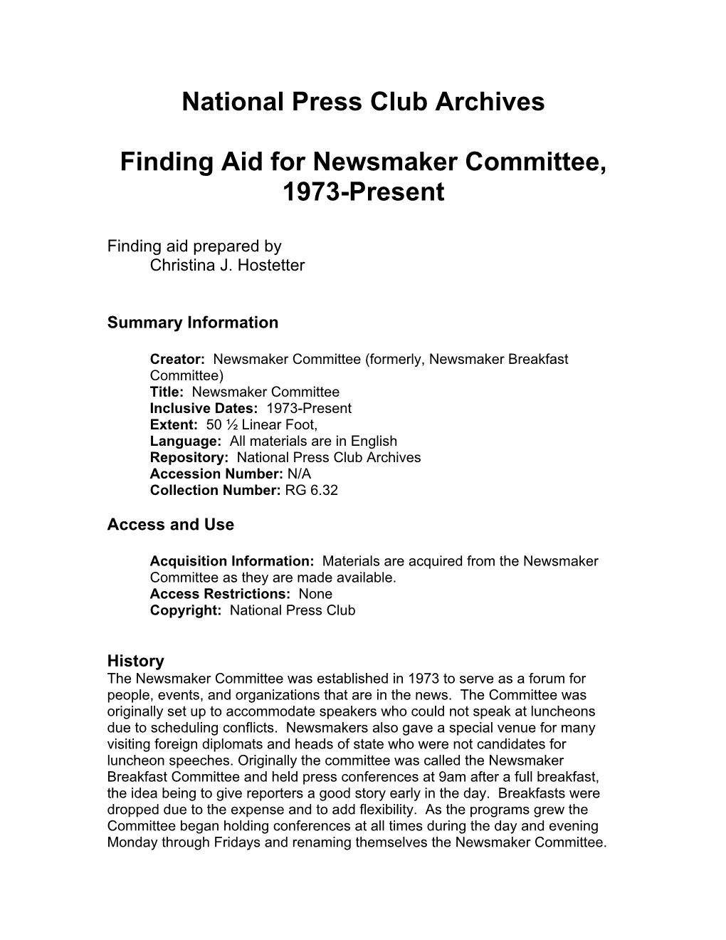 National Press Club Archives Finding Aid for Newsmaker Committee