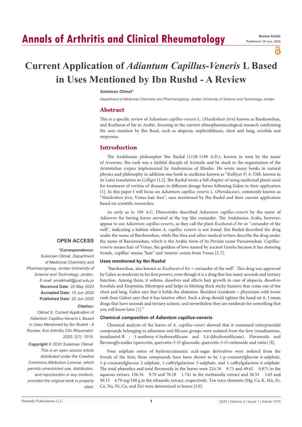 Current Application of Adiantum Capillus-Veneris L Based in Uses Mentioned by Ibn Rushd - a Review