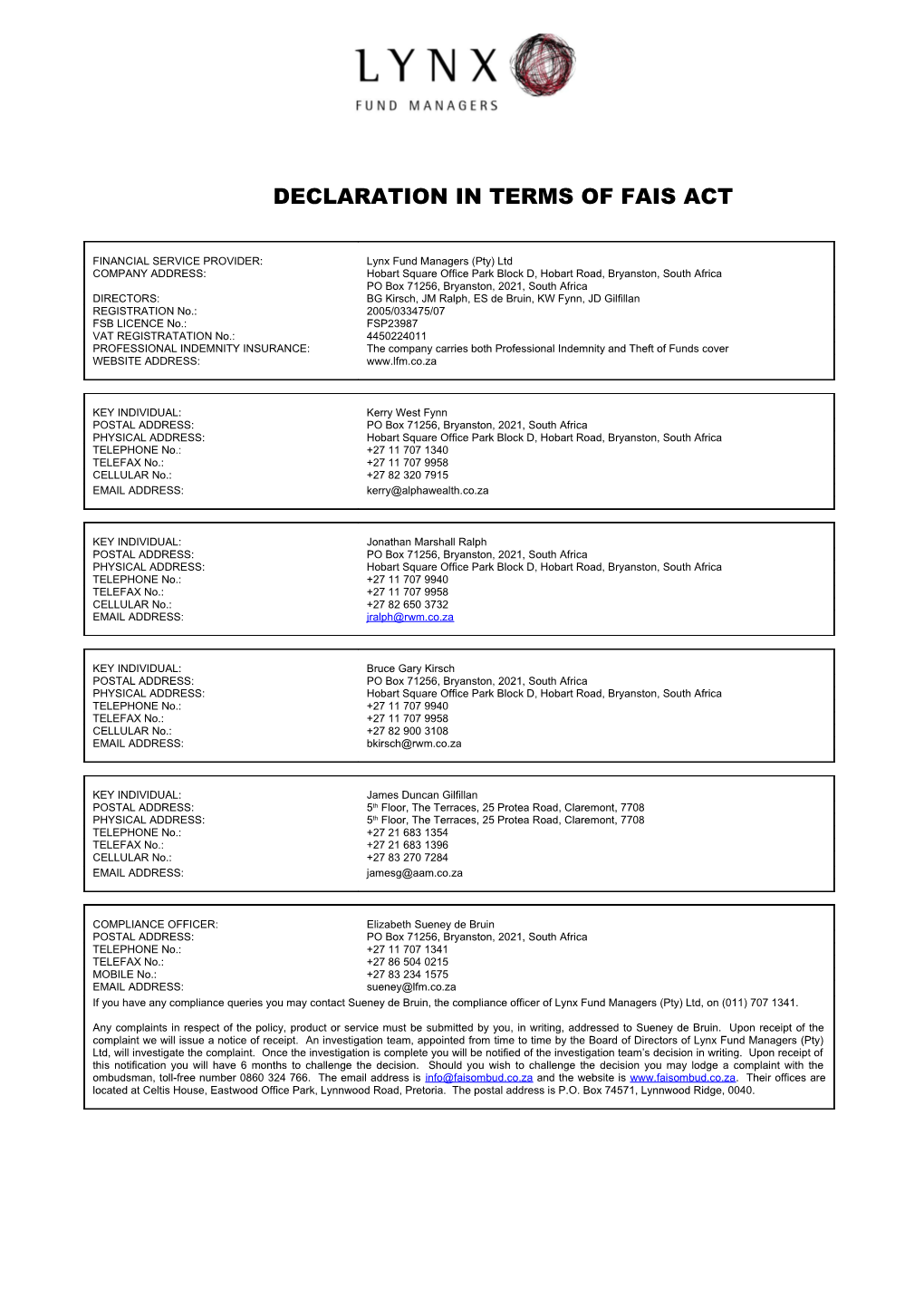 Declaration in Terms of Fais Act