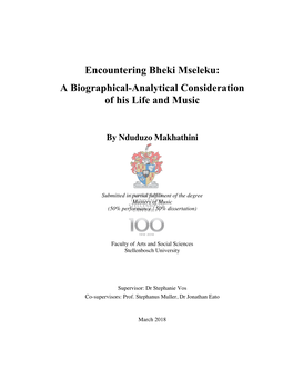 Encountering Bheki Mseleku: a Biographical-Analytical Consideration of His Life and Music