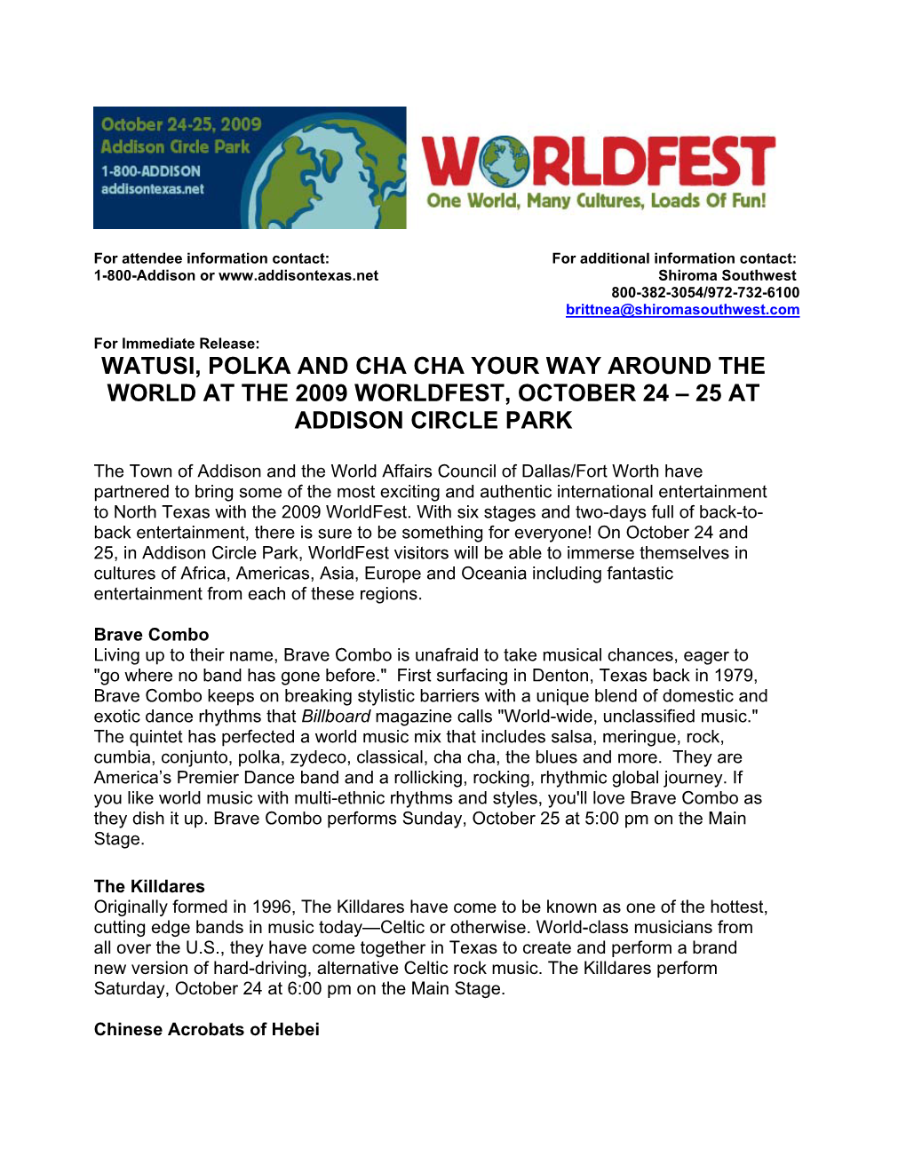 Watusi, Polka and Cha Cha Your Way Around the World at the 2009 Worldfest, October 24 – 25 at Addison Circle Park