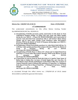 Memo No:- 130/NIT-20 of 20-21 Date:-27/01/2020 2Nd CORRIGENDUM the Undernoted Amendments to This Office Notice Inviting Tender No.WBPWD/SE/EC/NIT No