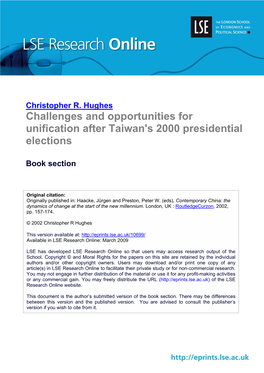 Challenges and Opportunities for Unification After Taiwan's 2000 Presidential Elections