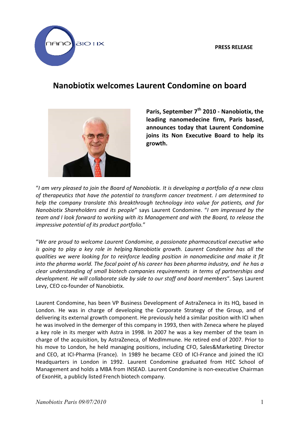 Nanobiotix Welcomes Laurent Condomine on Board