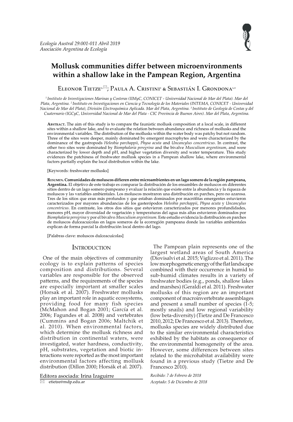 Mollusk Communities Differ Between Microenvironments Within a Shallow Lake in the Pampean Region, Argentina