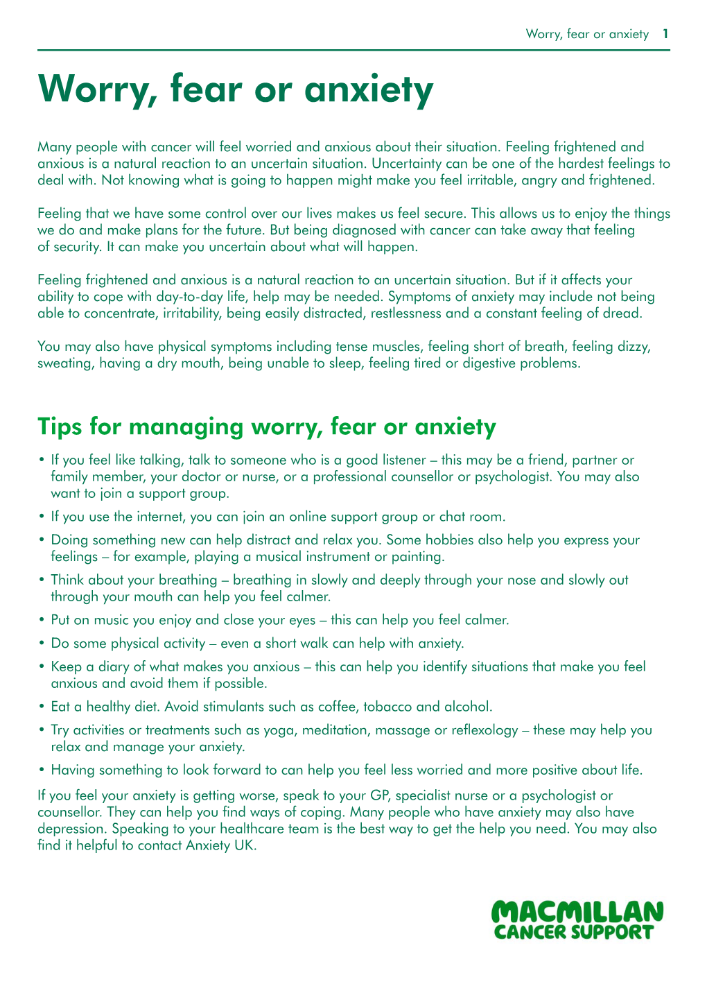 Worry, Fear Or Anxiety 1 Worry, Fear Or Anxiety