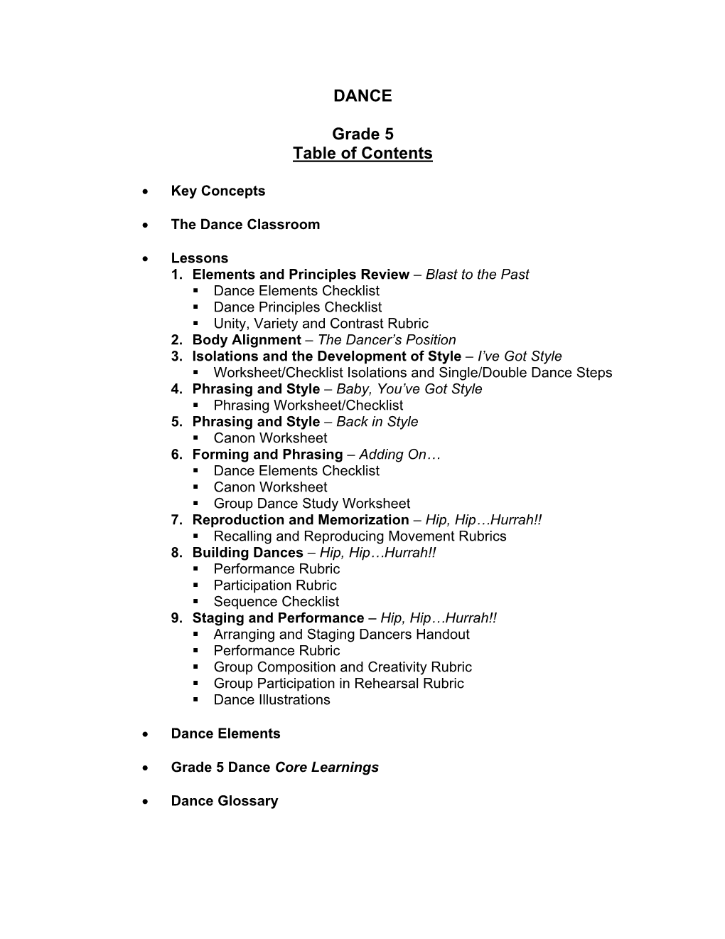 DANCE Grade 5 Table of Contents