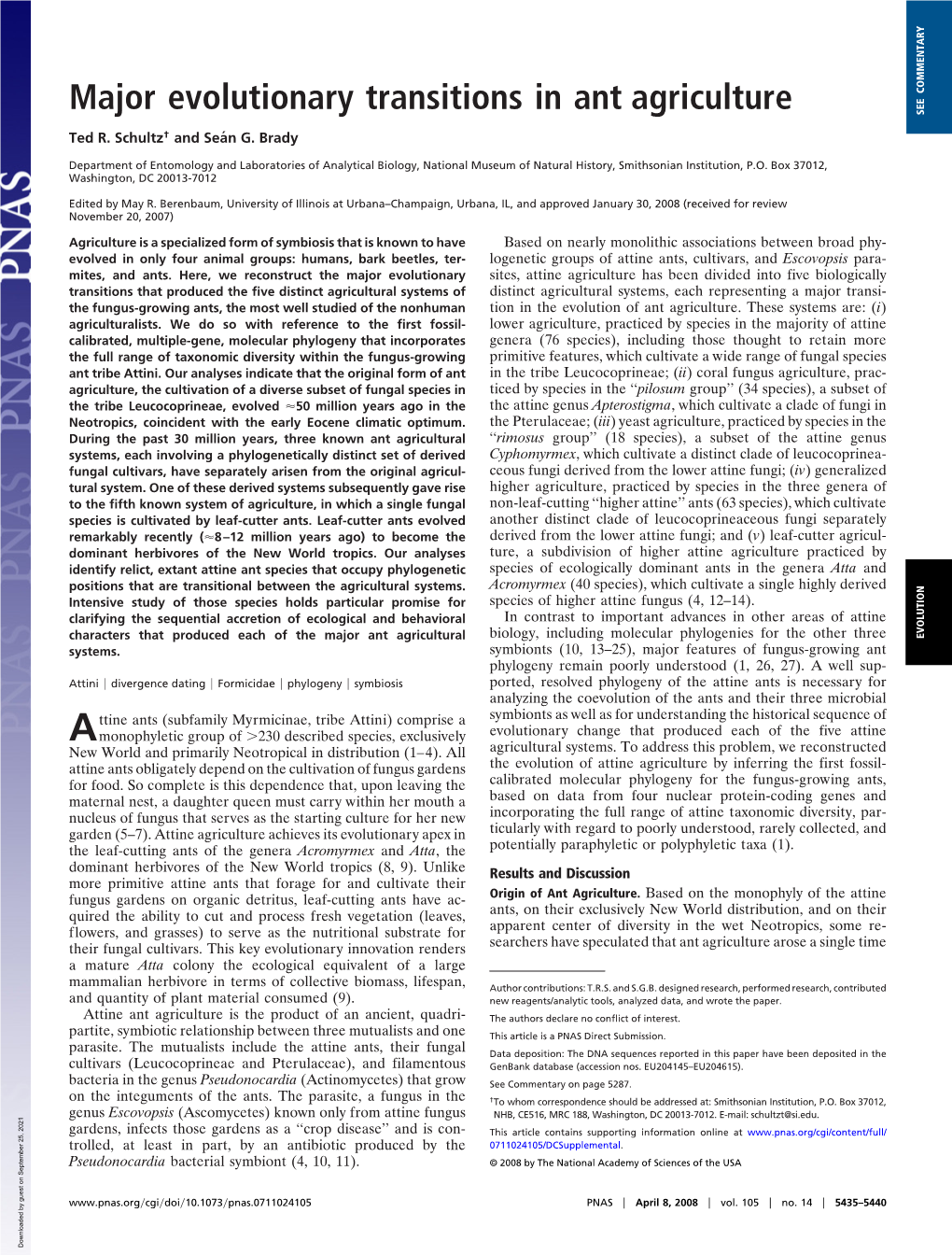 Major Evolutionary Transitions in Ant Agriculture SEE COMMENTARY