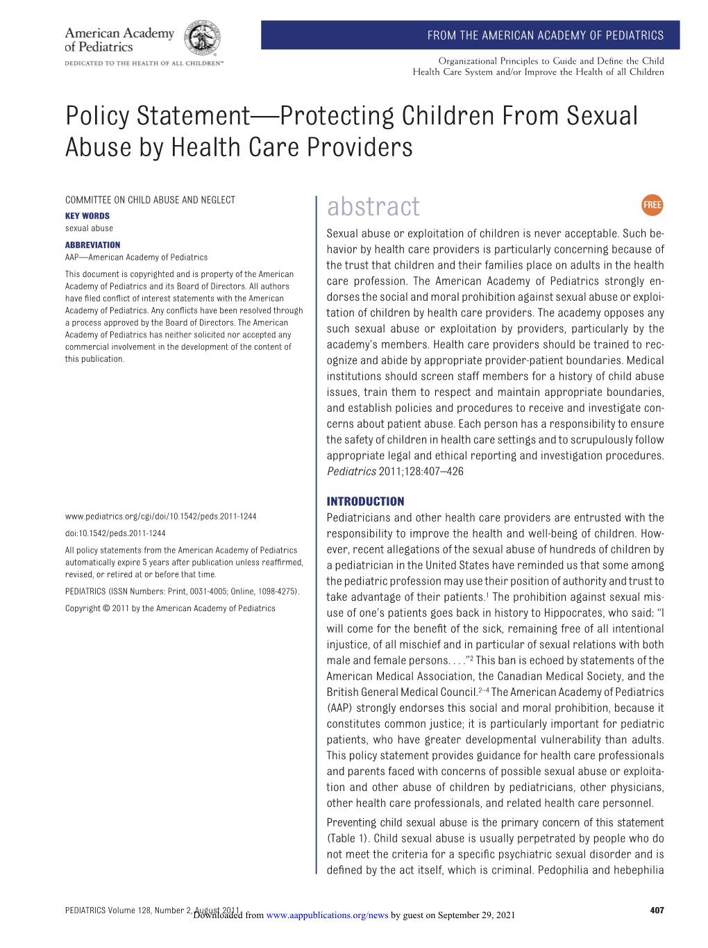 Policy Statement—Protecting Children from Sexual Abuse by Health Care Providers