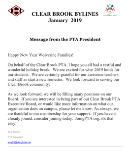 CLEAR BROOK BYLINES January 2019