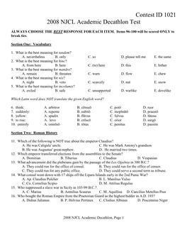 Contest ID 1021 2008 NJCL Academic Decathlon Test