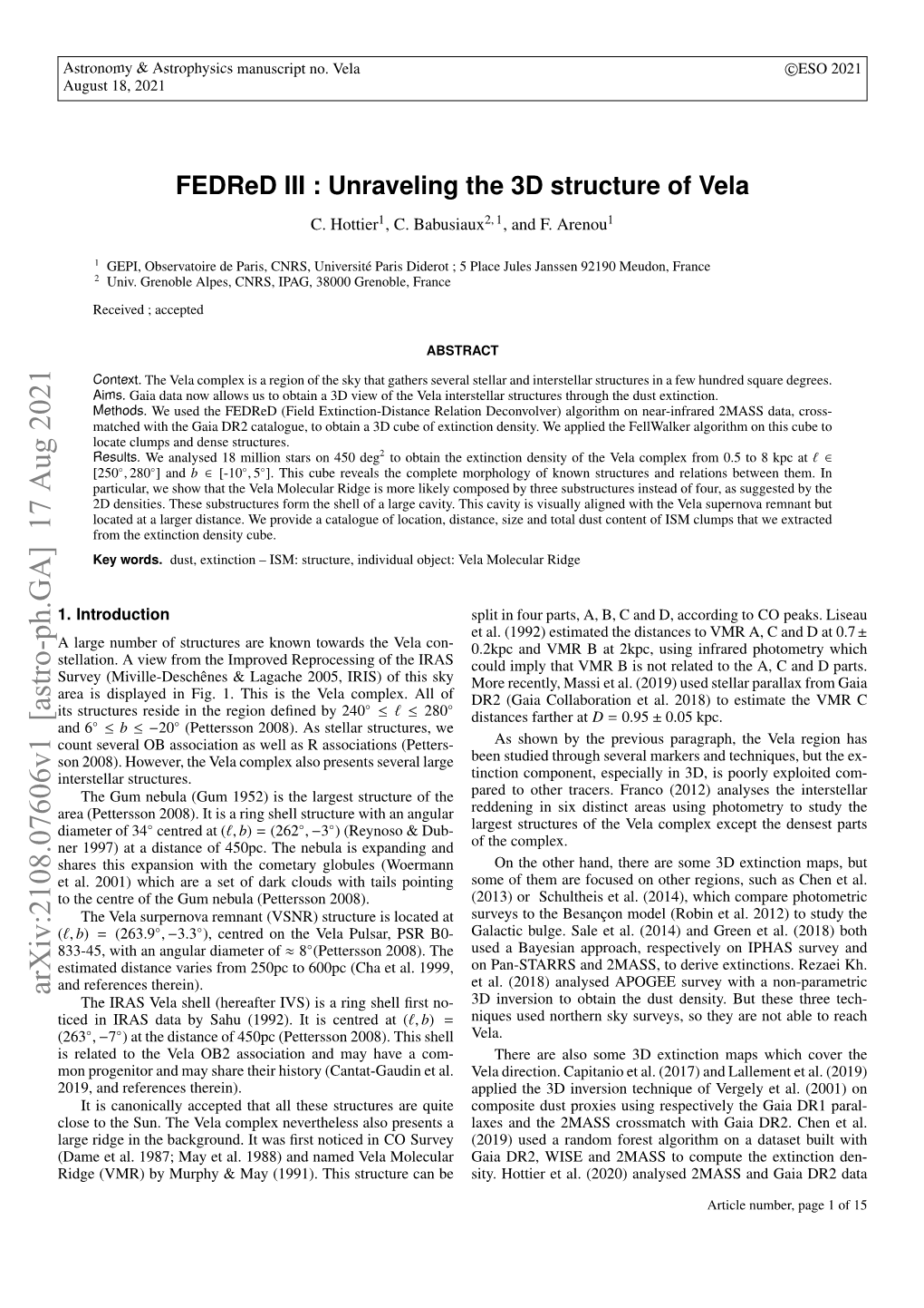 Fedred III: Unraveling the 3D Structure of Vela