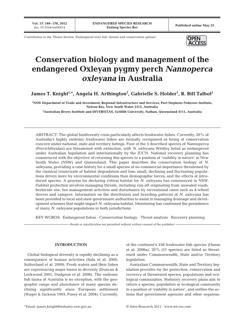 Conservation Biology and Management of the Endangered Oxleyan Pygmy Perch Nannoperca Oxleyana in Australia