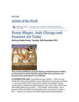 Penny Slinger, Judy Chicago and Feminist Art Today Anthony Haden-Guest, Tuesday, 20Th November 2012