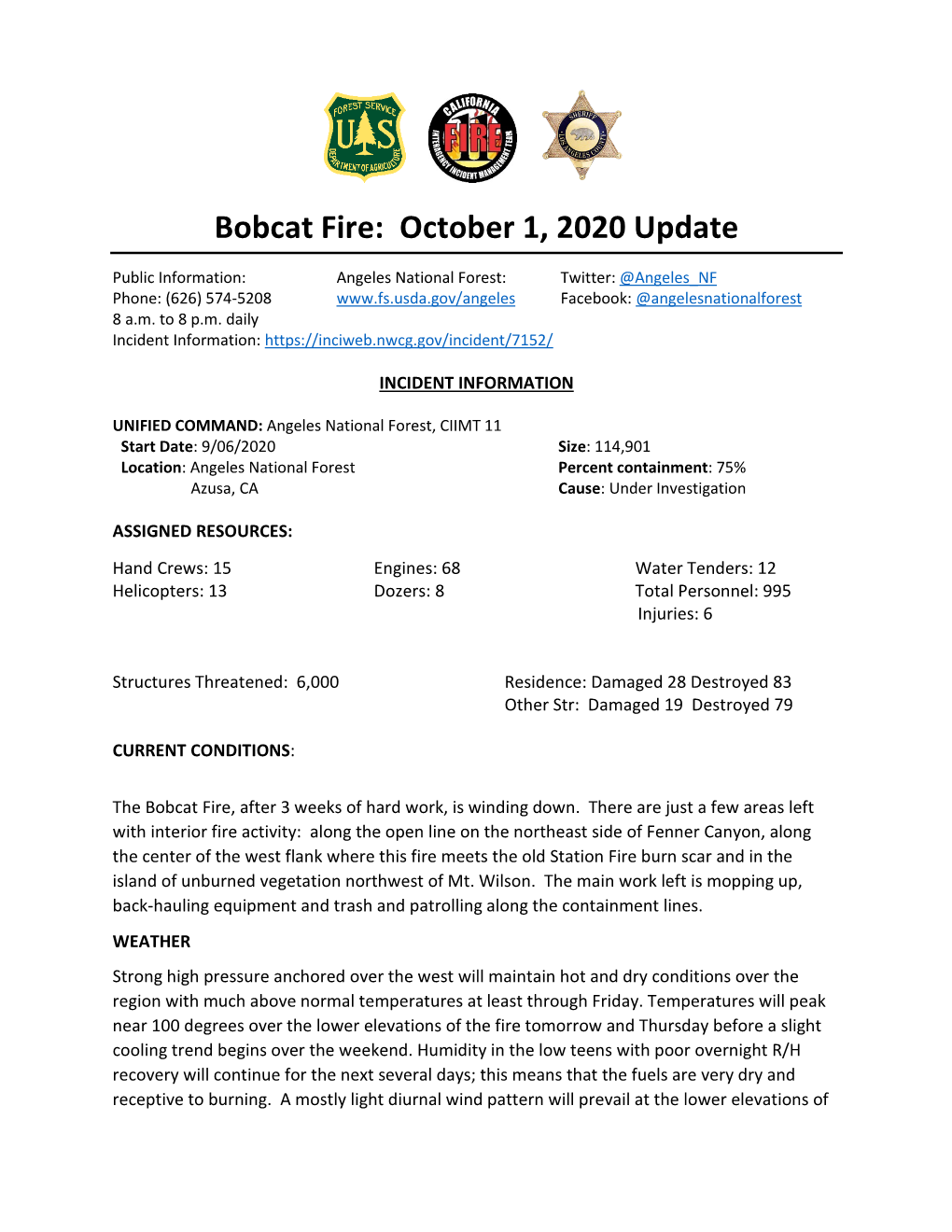 Bobcat Fire: October 1, 2020 Update