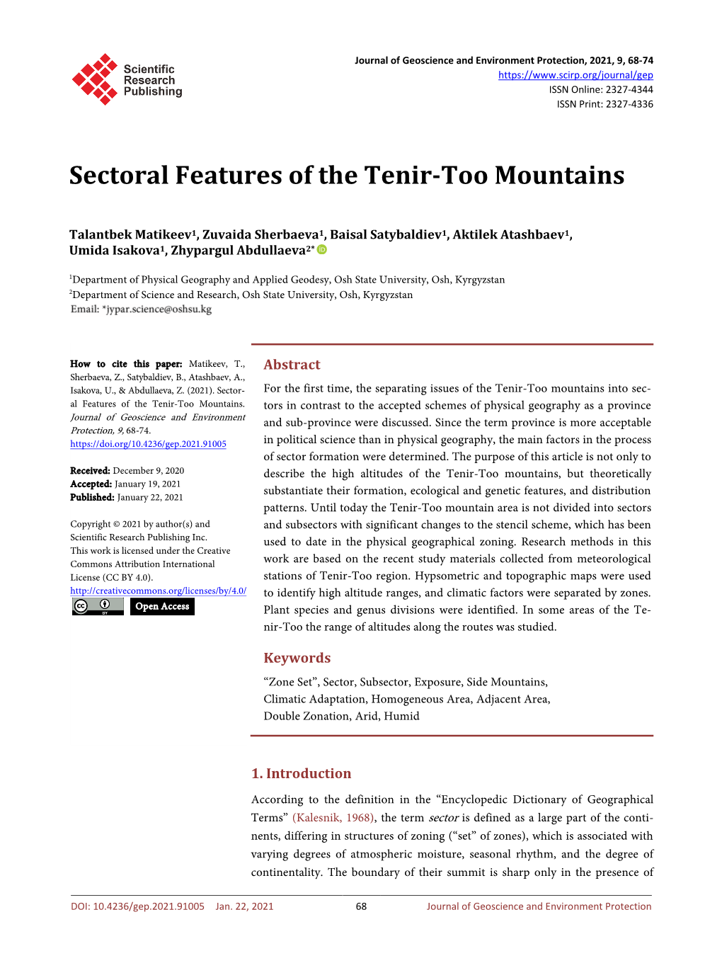 Sectoral Features of the Tenir-Too Mountains