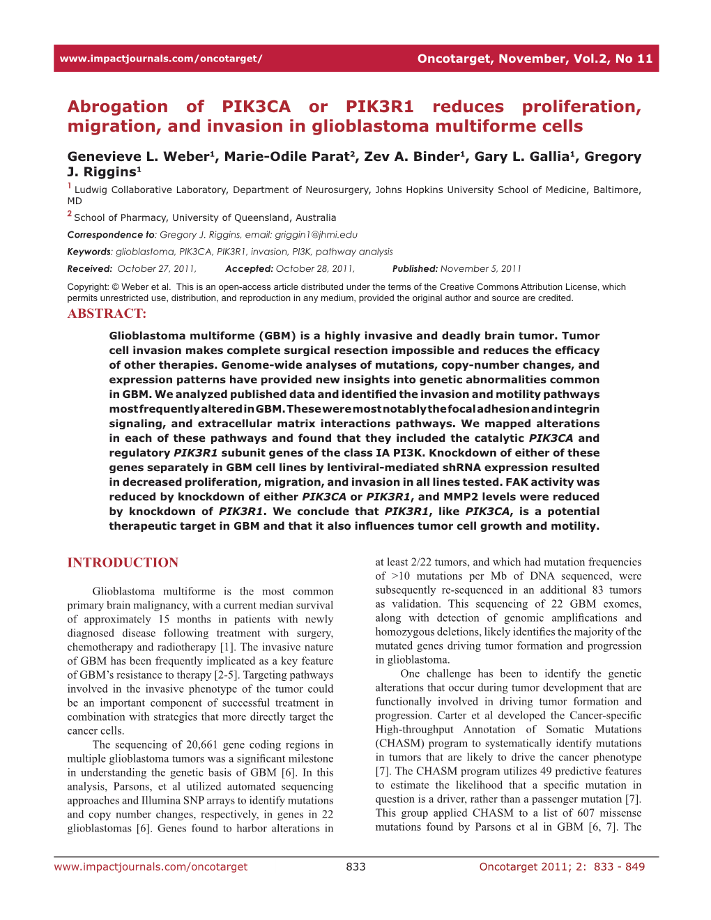 Abrogation of PIK3CA Or PIK3R1 Reduces Proliferation, Migration, and Invasion in Glioblastoma Multiforme Cells