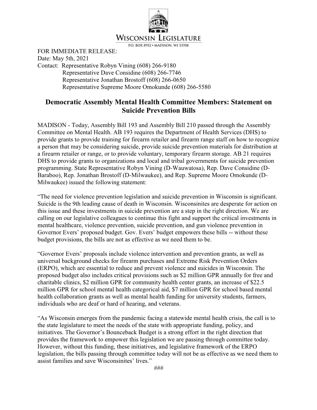 Democratic Assembly Mental Health Committee Members: Statement on Suicide Prevention Bills