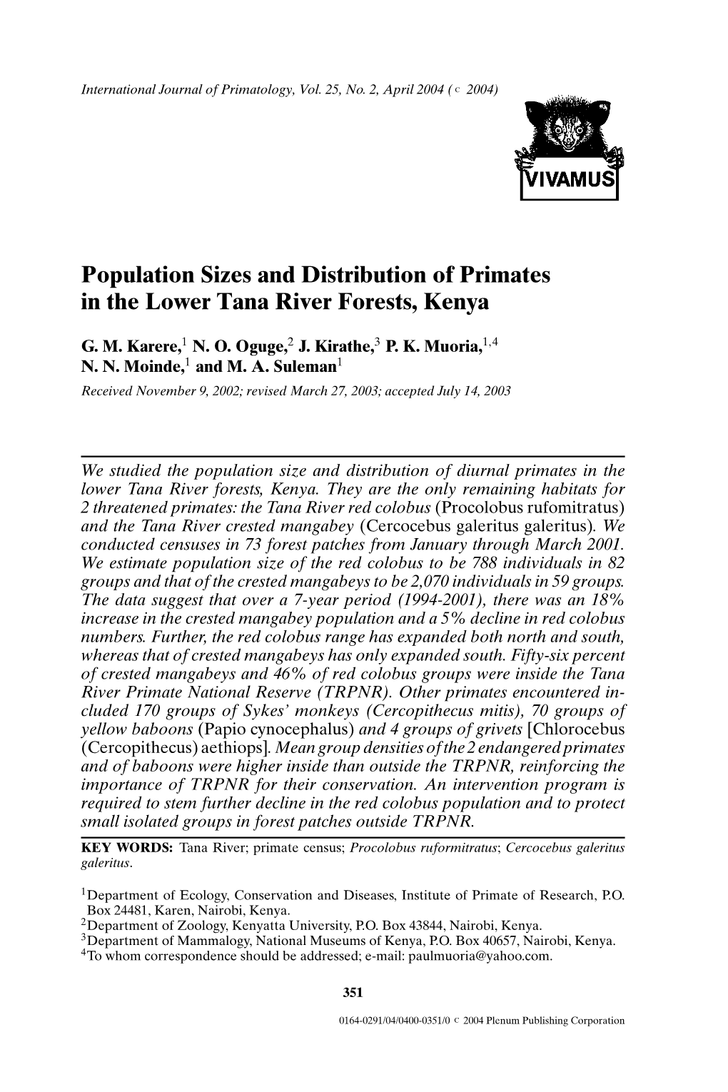 Population Sizes and Distribution of Primates in the Lower Tana River Forests, Kenya