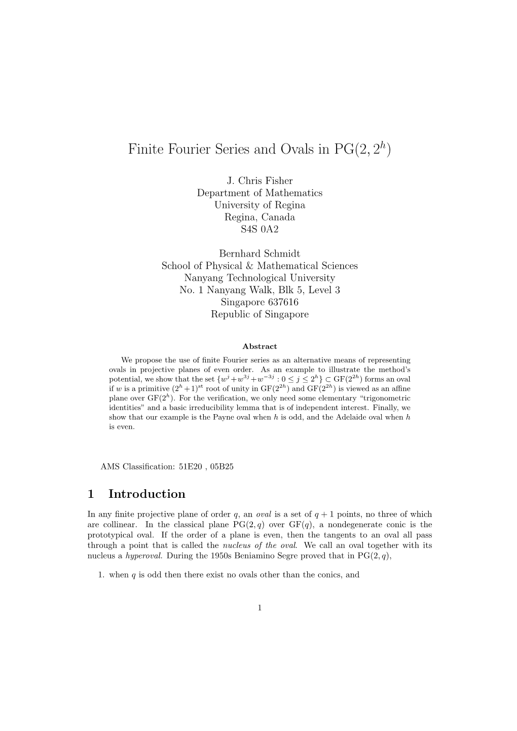 Finite Fourier Series and Ovals in PG(2,2H)