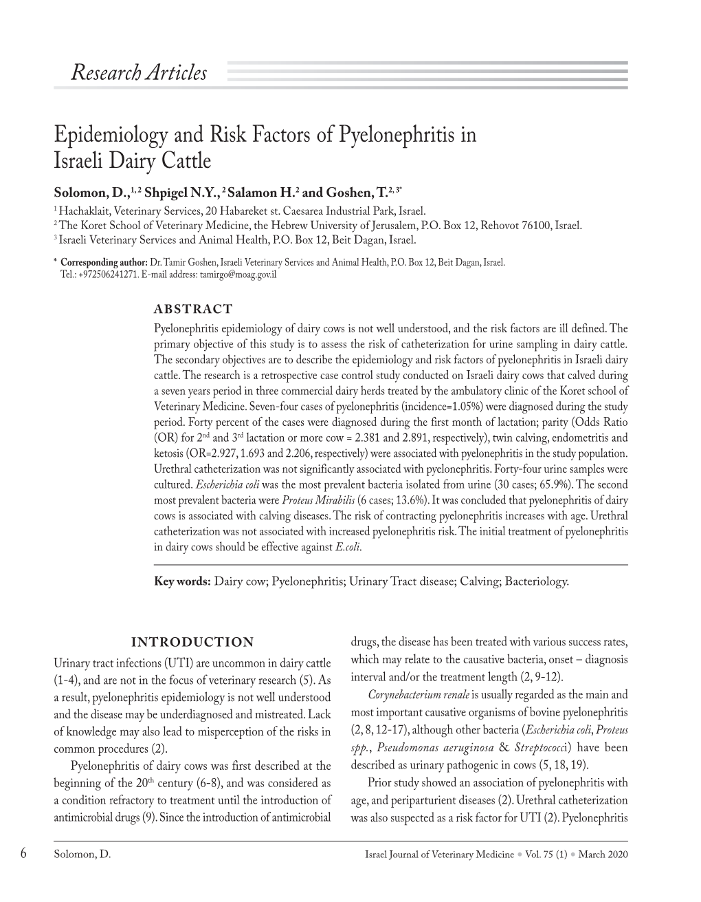 Epidemiology and Risk Factors of Pyelonephritis in Israeli Dairy Cattle