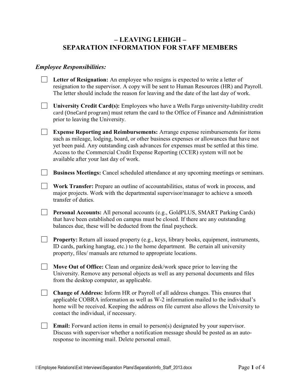 Resignation/Termination Checklist