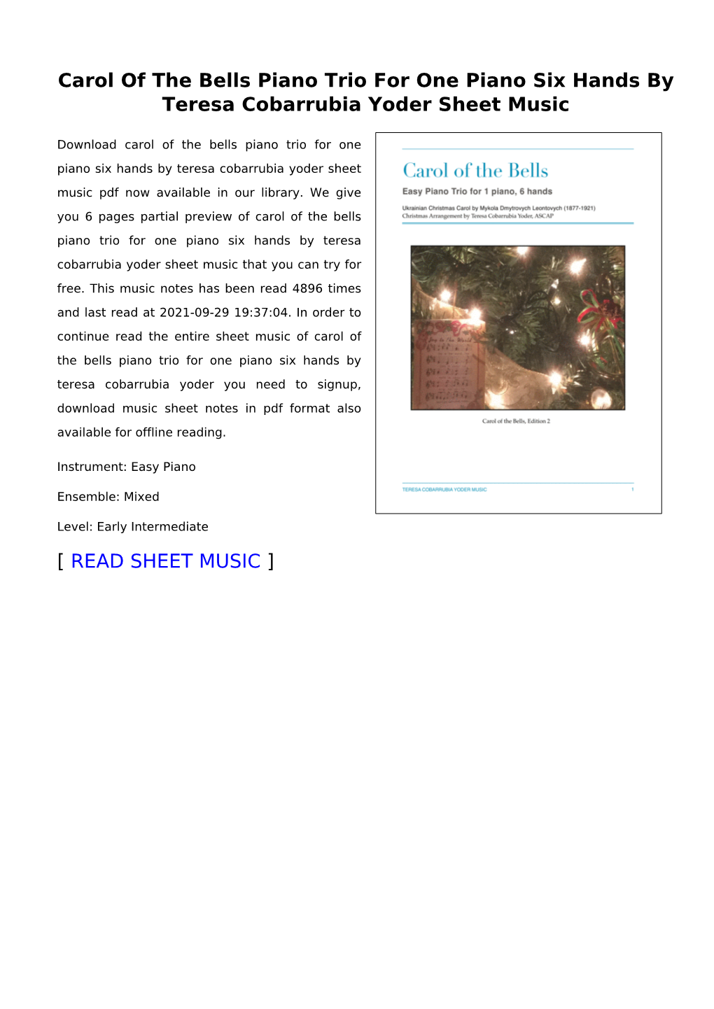 Carol of the Bells Piano Trio for One Piano Six Hands by Teresa Cobarrubia Yoder Sheet Music
