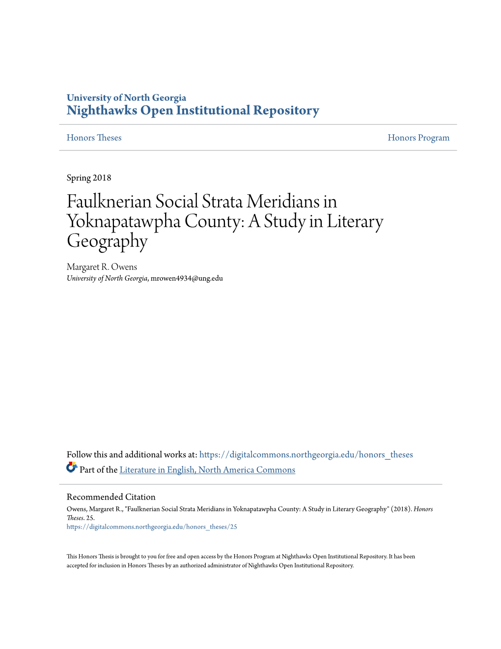 Faulknerian Social Strata Meridians in Yoknapatawpha County: a Study in Literary Geography Margaret R