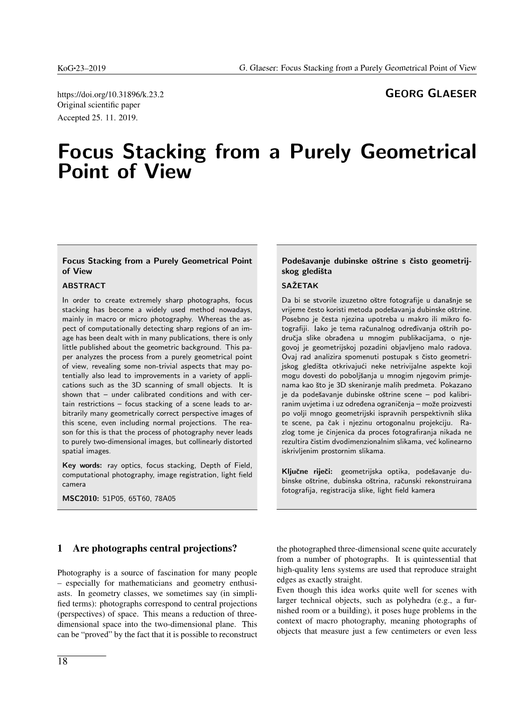 Focus Stacking from a Purely Geometrical Point of View GEORG GLAESER Original Scientiﬁc Paper Accepted 25