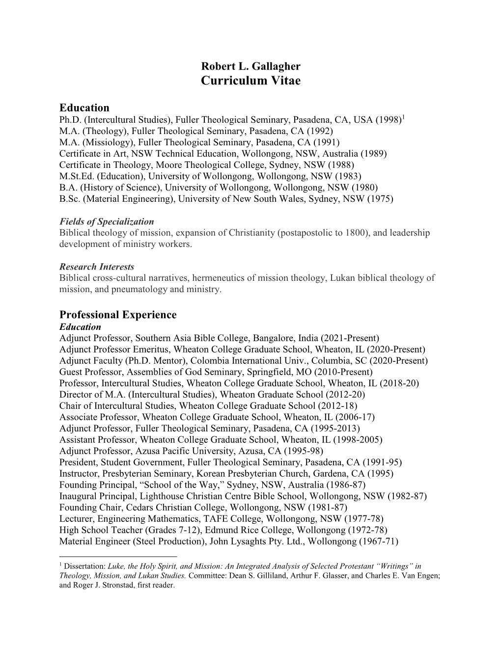 Robert L. Gallagher Curriculum Vitae