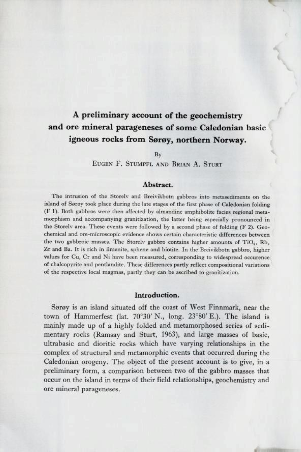 A Preliminary Account of the Geochemistry and Ore Mineral Parageneses of Some Caledonian Basic Igneous Rocks from Sørøy, Northern Norway