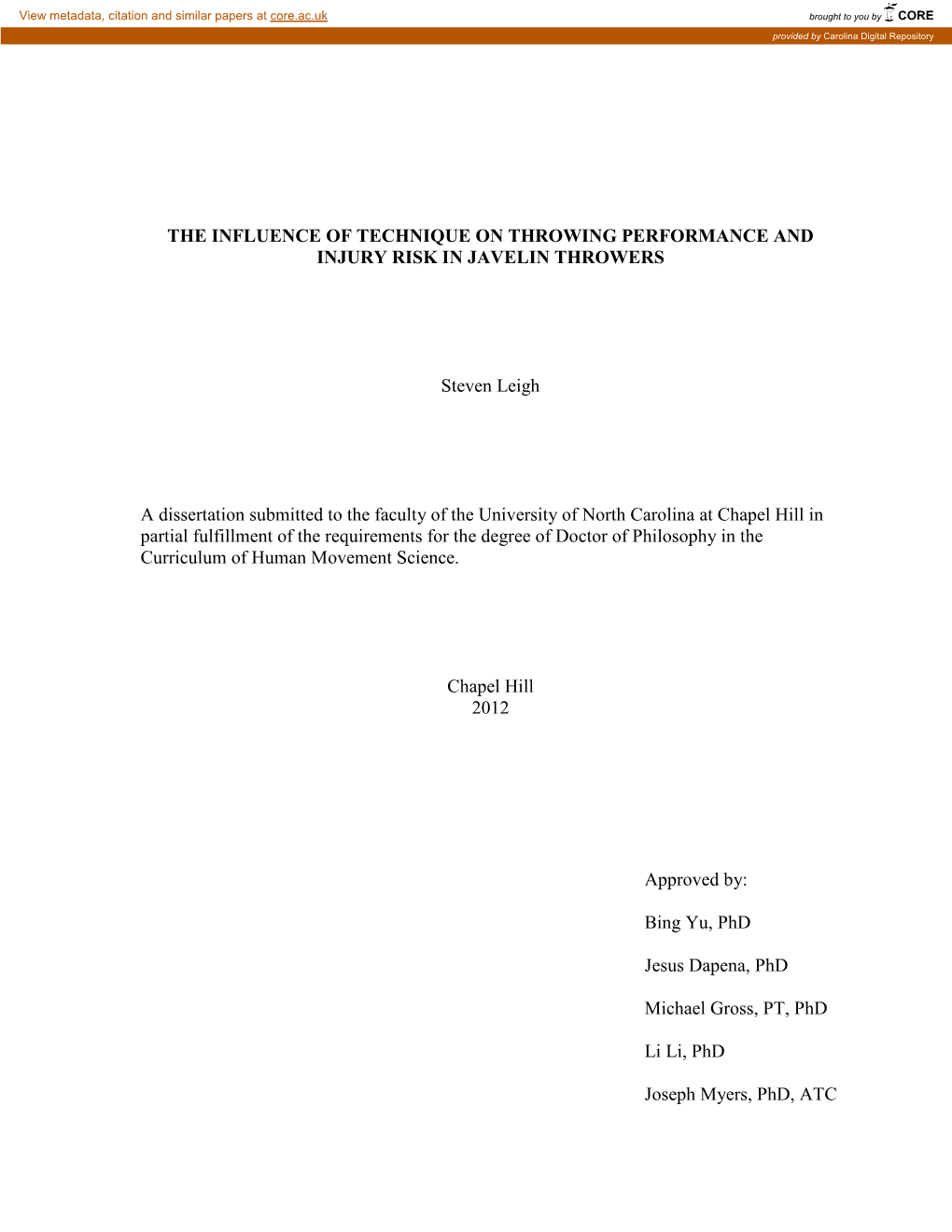 The Influence of Technique on Throwing Performance and Injury Risk in Javelin Throwers