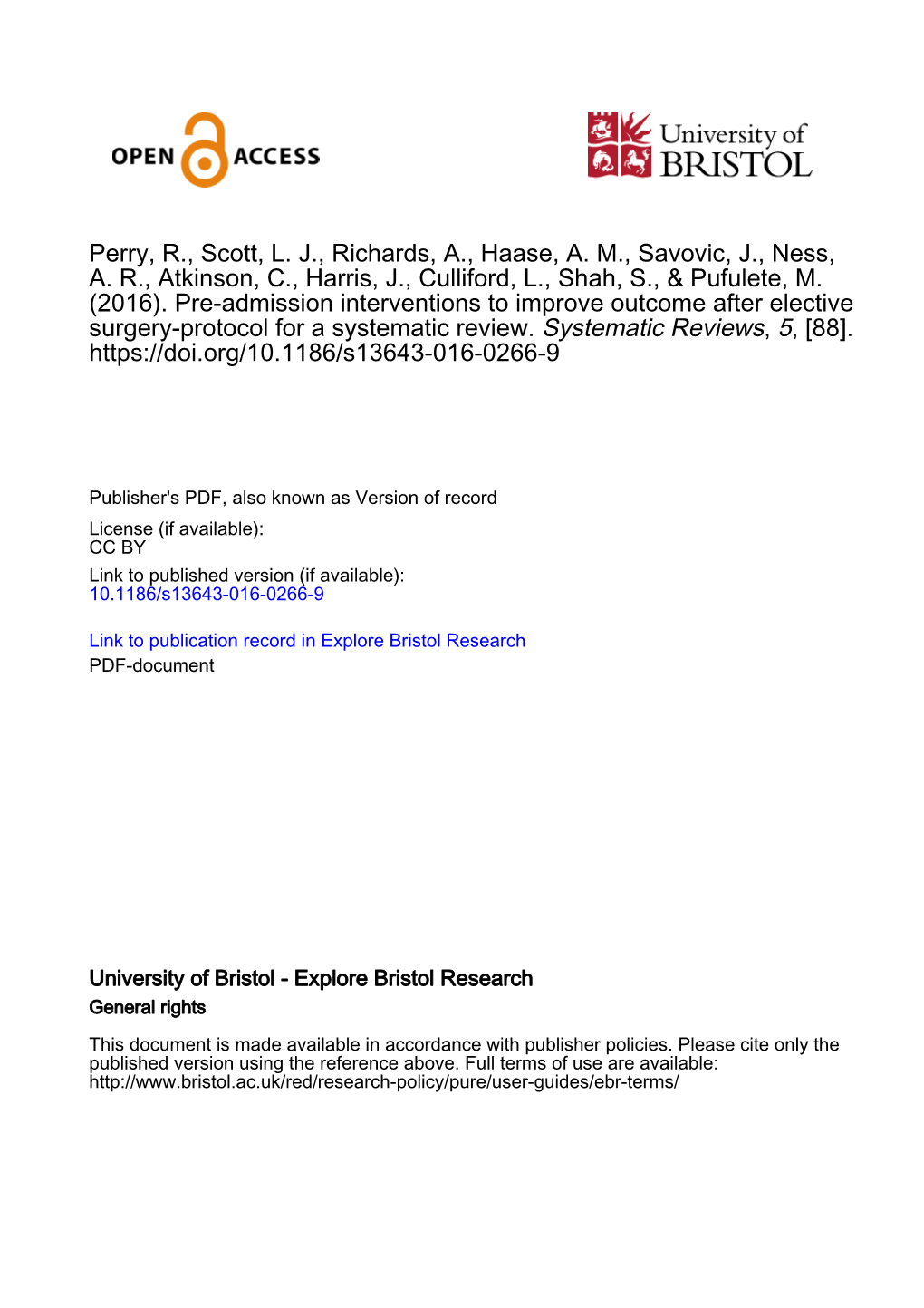 Pre-Admission Interventions to Improve Outcome After Elective Surgery-Protocol for a Systematic Review