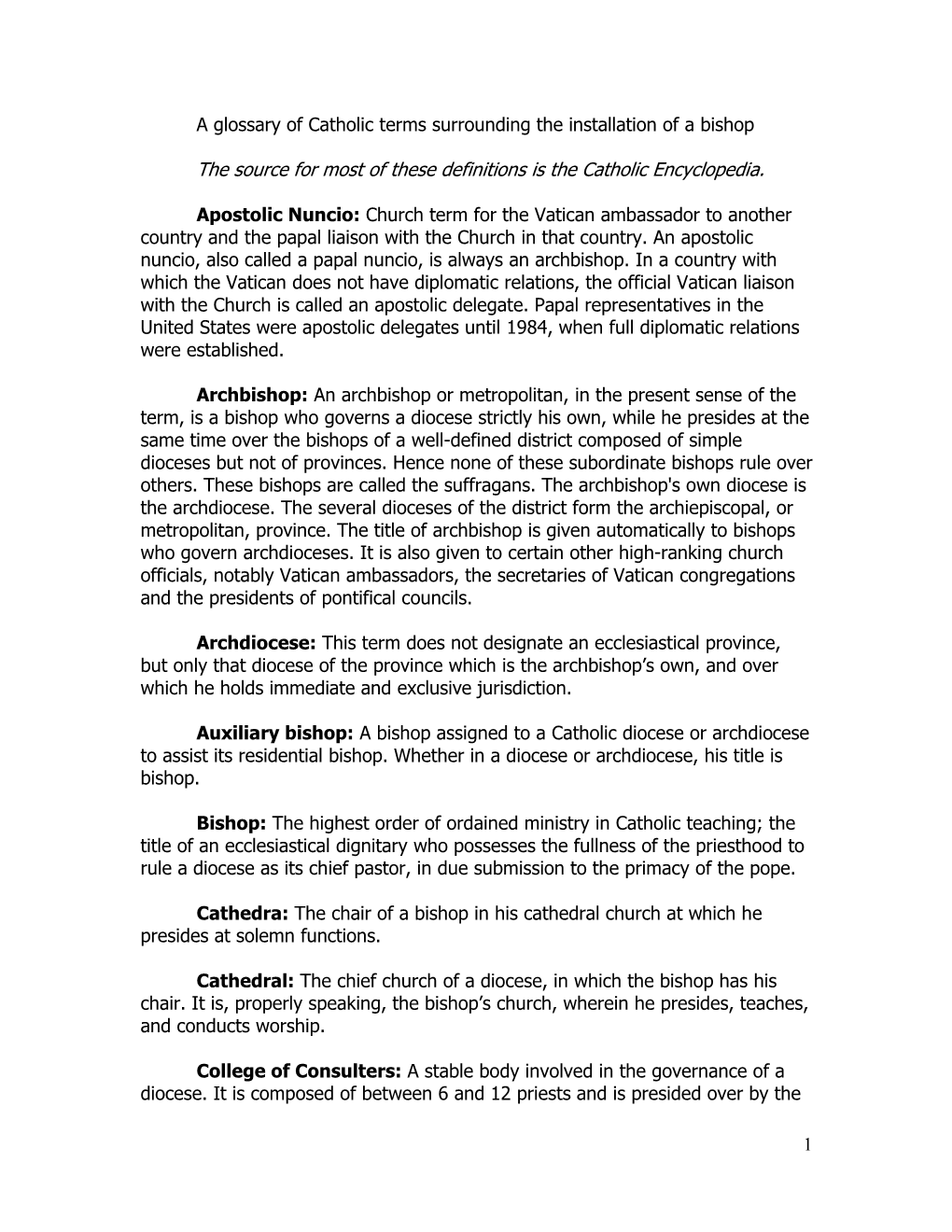 Catholic Terms Surrounding the Installation of a Bishop