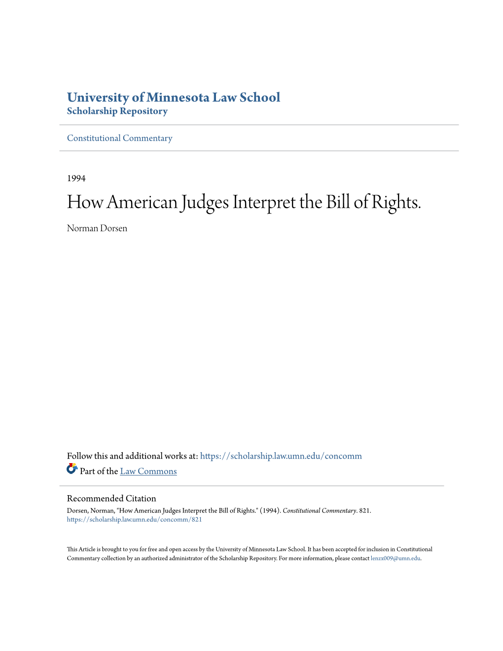 How American Judges Interpret the Bill of Rights. Norman Dorsen