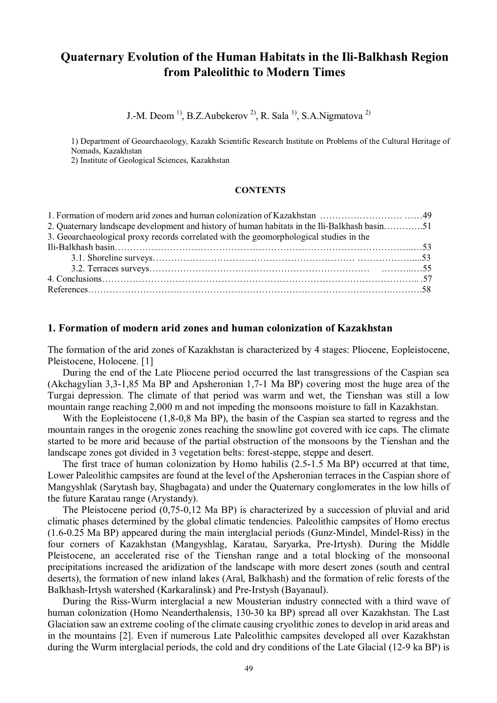 Quaternary Evolution of the Human Habitats in the Ili-Balkhash Region from Paleolithic to Modern Times