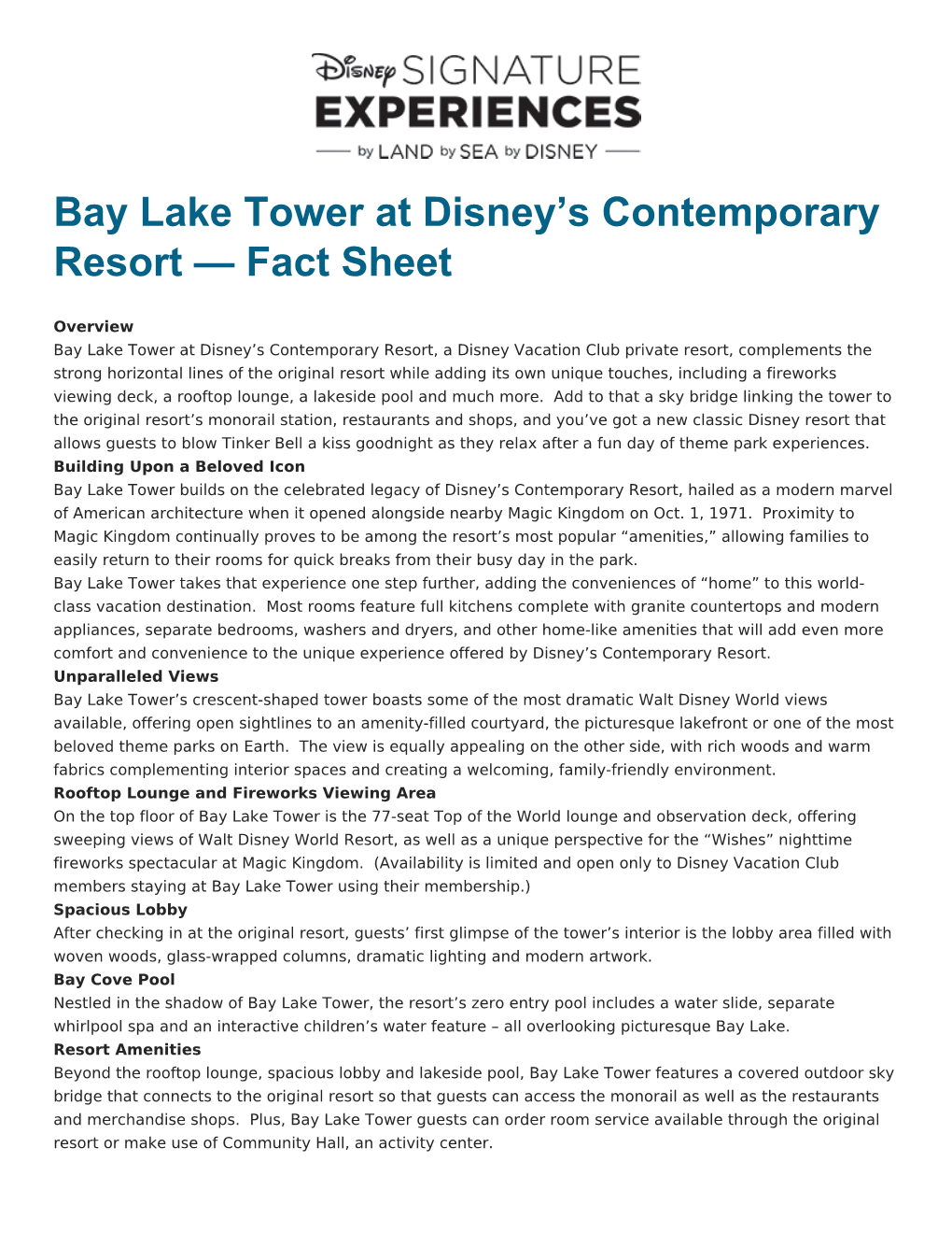 Bay Lake Tower at Disney's Contemporary Resort — Fact Sheet