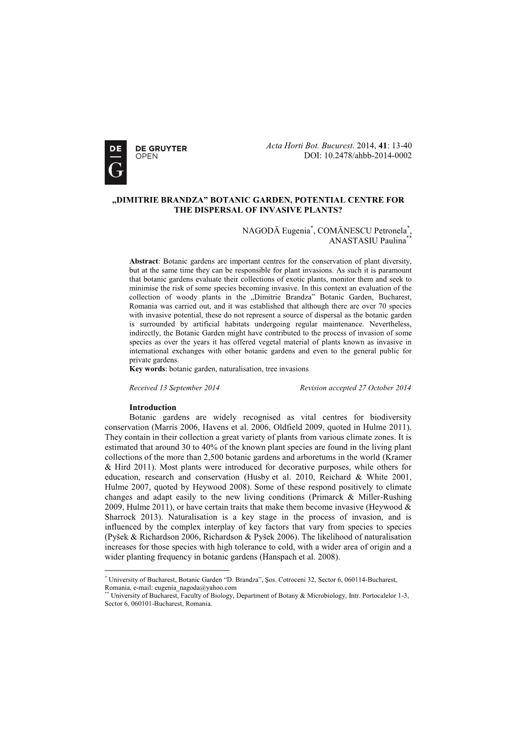 Acta Horti Bot. Bucurest. 2014, 41: 13-40 DOI: 10.2478/Ahbb-2014-0002