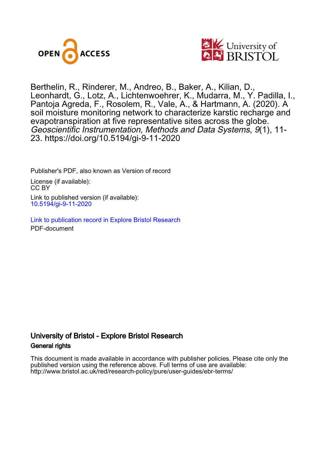 Soil Moisture Monitoring Network to Characterize Karstic Recharge and Evapotranspiration at Five Representative Sites Across the Globe