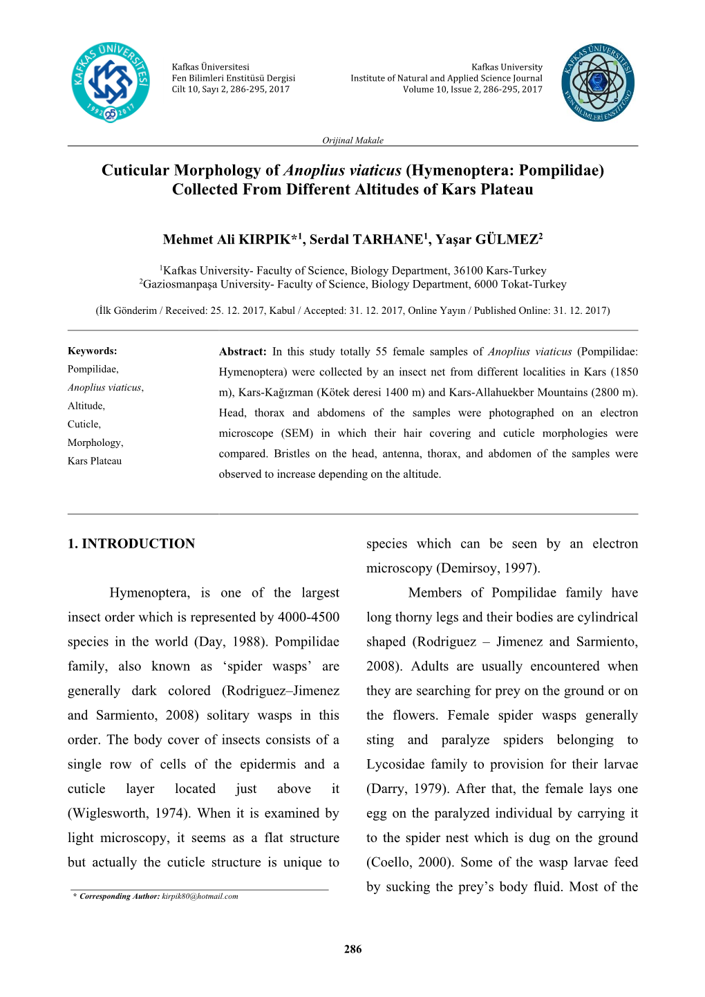 Cuticular Morphology of Anoplius Viaticus (Hymenoptera: Pompilidae) Collected from Different Altitudes of Kars Plateau