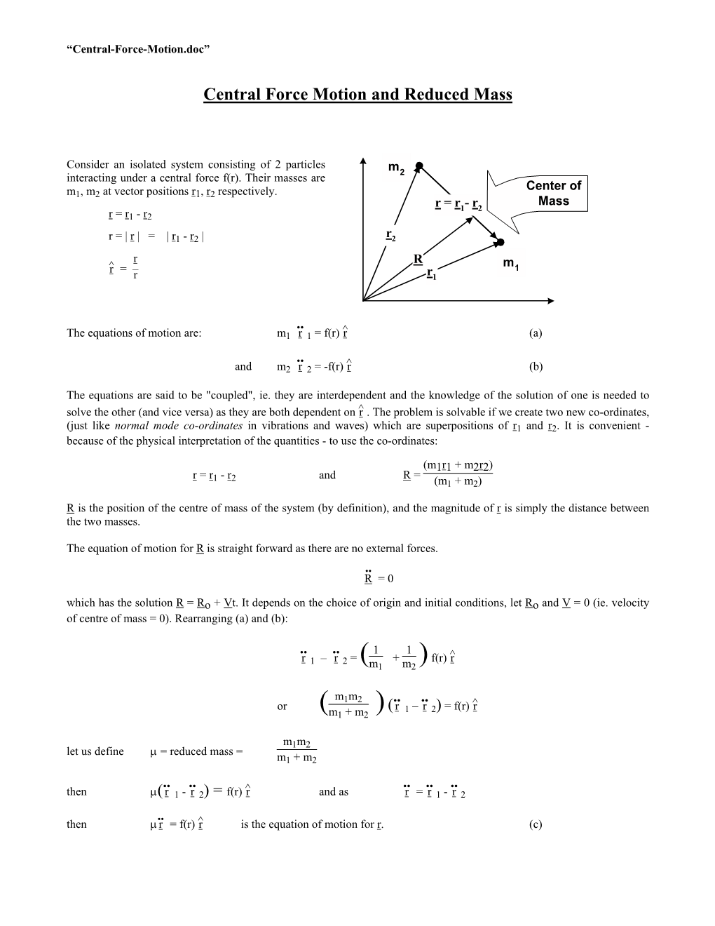 Central Force Motion and Reduced Mass