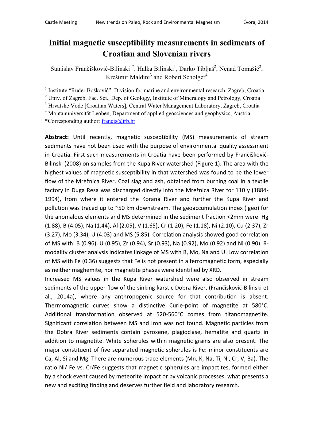 Initial Magnetic Susceptibility Measurements in Sediments of Croatian and Slovenian Rivers