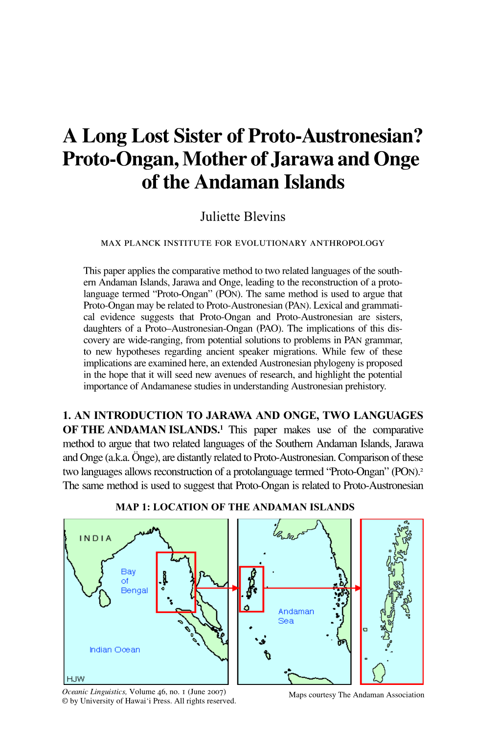 Proto-Ongan, Mother of Jarawa and Onge of the Andaman Islands